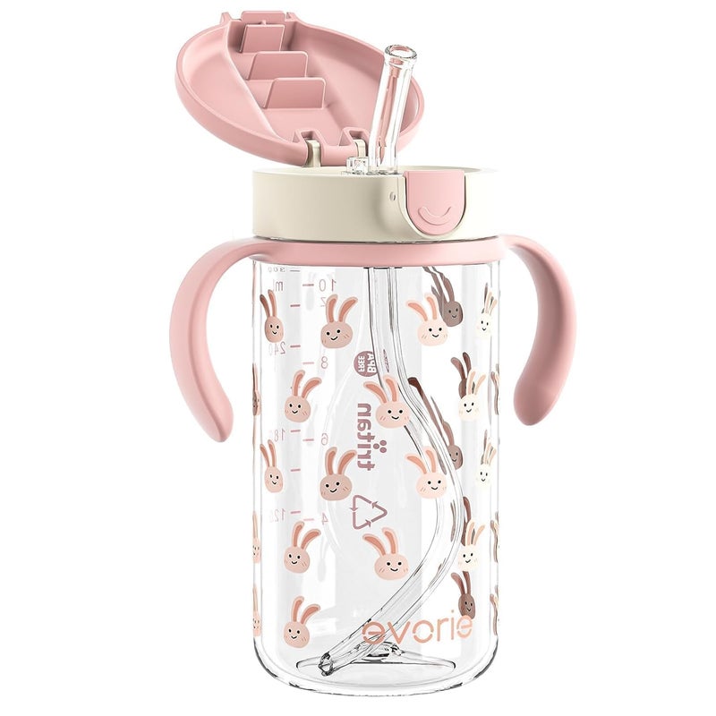 evorie Tritan Spill Proof Toddler Straw Sippy Cup, 10 oz for Baby and Toddlers 1-3 Years Old, No Spill Straw Water Bottle with Removable Handles, Ideal for School, BPA-Free, Pink Rabbit - Image 1